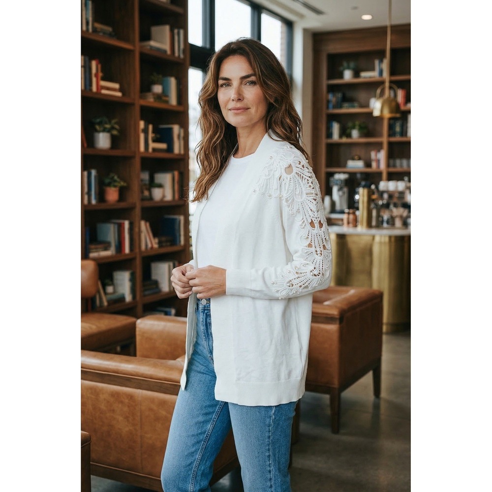 Cactus & Pearl White Lace & Pearl Sleeve Open Cardigan Sweater M